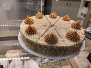 Waffle Cake with cream beanies on top. in the vistrina of the cafe shop
