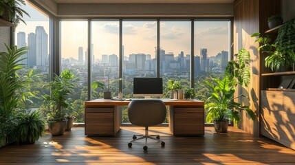 Fototapeta premium Modern home office with large windows overlooking a city skyline. The room is decorated with plants and natural light.