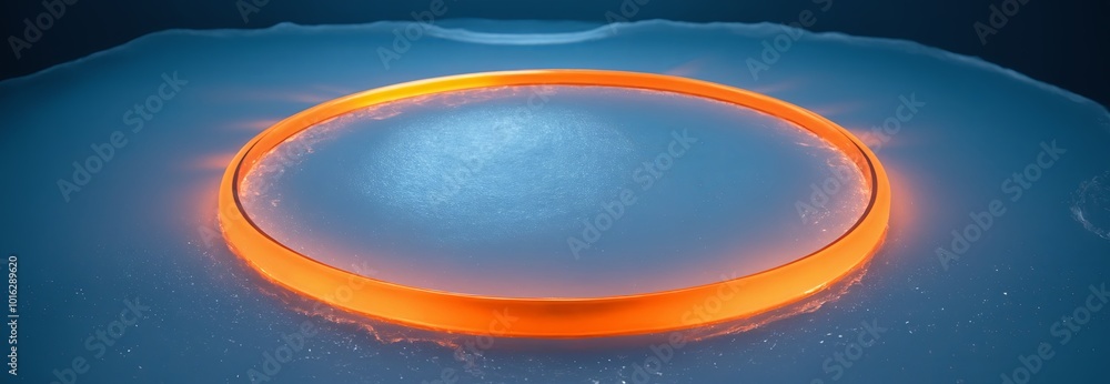 Poster orange, ellipse neon light outline set on a cold, icy surface with scattered transparent ice chunks,