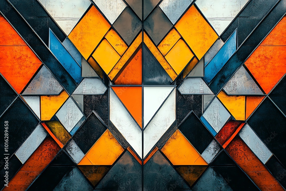 Poster abstract geometric pattern with colorful tiles in symmetrical design.