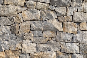Fototapeta premium Close-up of stone wall composed of large irregular stones in shades of gray and brown. Staggered pattern creates texture and depth. Light gray background contrasts with dark gray stones.