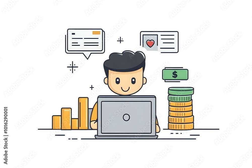 Poster flat style character managing an online business on a laptop with three color design