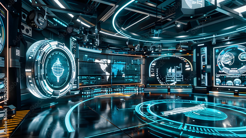 Poster tech innovation talk show set: a futuristic set with high-tech gadgets, interactive displays, and a 