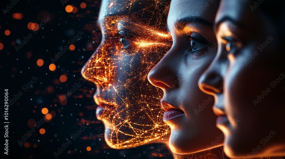 Poster three profiles showcase a blend of technology and humanity, with glowing lines suggesting a digital 