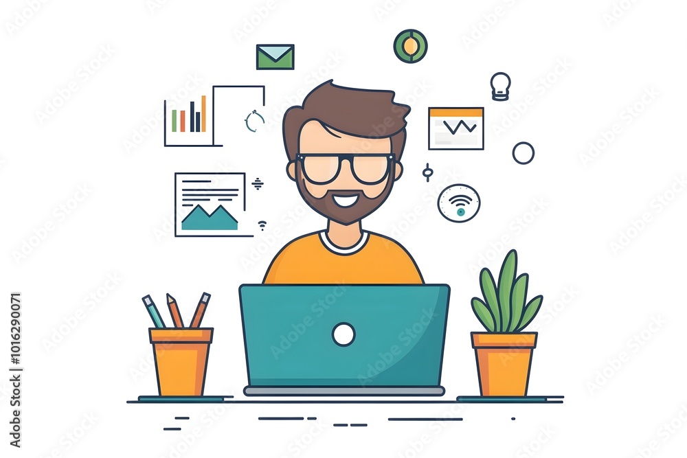 Poster flat style character managing an online business on a laptop with three color design