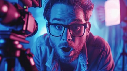 A tech presenter caught in a funny moment on camera as they accidentally press the wrong button, causing unexpected effects.