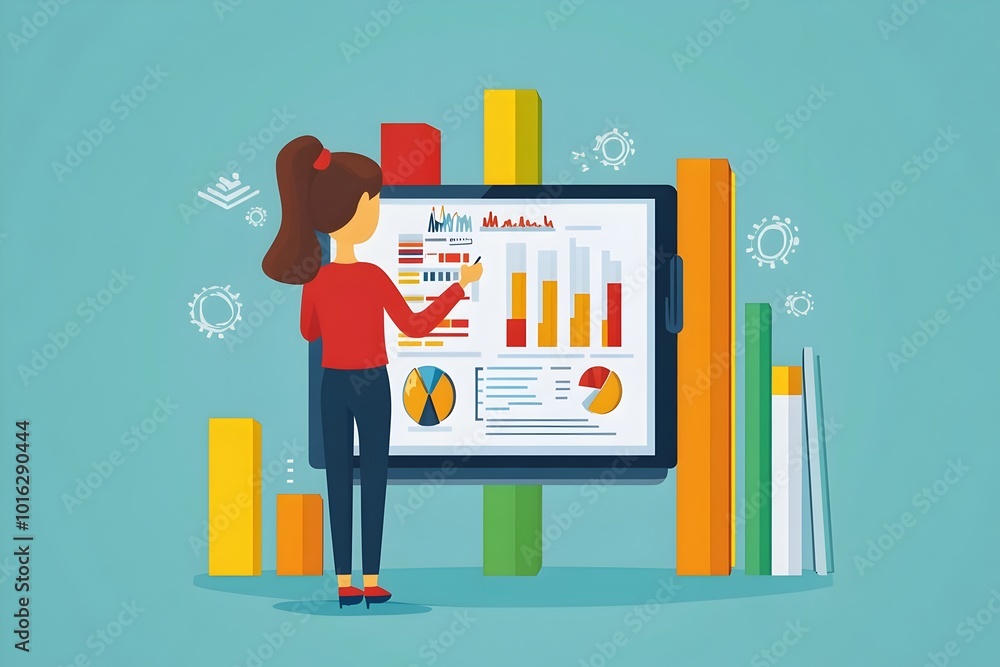 Poster analytical character reviewing online course data on digital tablet in minimalist style