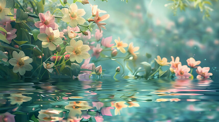 The background is springtime, with flowers over the water.