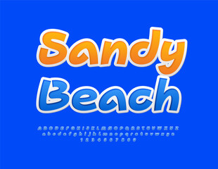 Obraz premium Vector modern sign Sandy Beach. Blue Sticker Font. Bright Alphabet Letters and Numbers set.