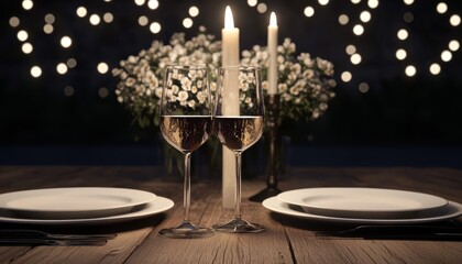 An elegant dinner scene on a rustic wooden table, featuring a beautiful bouquet of flowers, two filled wine glasses, and flickering candles, creating a romantic ambiance.