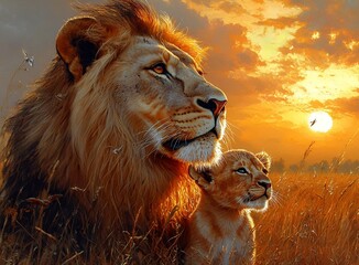 a lion and cub in a field  