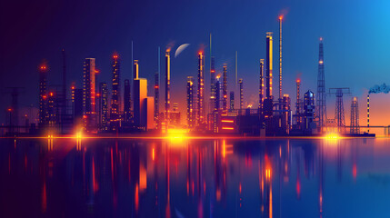 The future of Oil Industry - Future factory plant and energy industry concept in creative graphic design. Oil, gas and petrochemical refinery factory showing next generation of power and energy busine