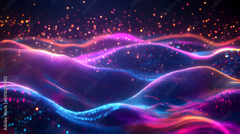 Poster Abstract digital technology waves background with neon lines, futuristic cyber virtual landscape concept, glowing particles and innovative mesh design pattern. Digital Landscape. Illustration