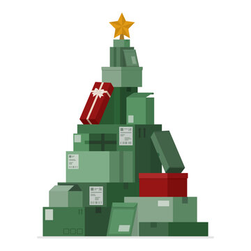 Many delivery boxes and gifts arranged in the shape of a Christmas tree
