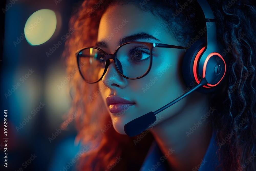 Poster curly haired customer service representative assisting client via captivating online chat support