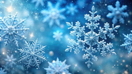 Delicate, intricately detailed snowflakes gently fall against a serene, brilliant blue background, evoking a sense of calm winter wonderland tranquility and magical frosty atmosphere.