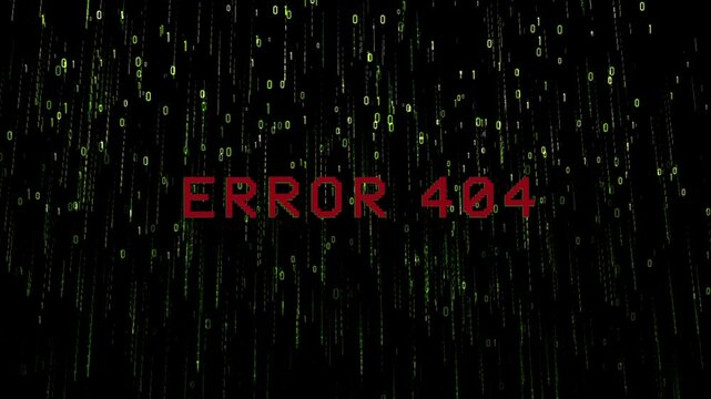 error 404 title animation with digital glitch background, cybersecurity concept, error text animation