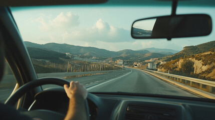 Fototapeta premium The point-of-view perspective from a driving car on a highway captures the sense of motion and travel