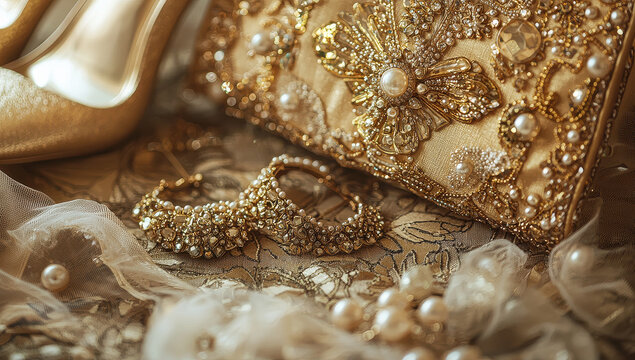 Detailed and intricate gold jewelry ensemble featuring earrings, pearls, and embellished fabric, exemplifies grace and affluence, ideal for classic soirées.