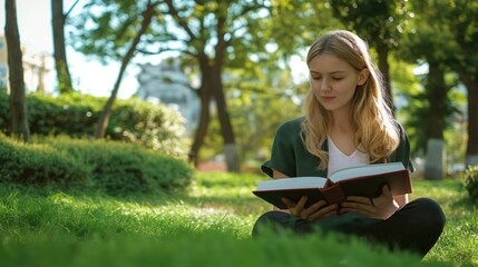 Fototapeta premium Young caucasian woman reads book in rich green park. Sits on bench, engrossed in studying, surrounded by trees, bushes. Woman wears white shirt, black pants, loose waves hairstyle. Part of natural