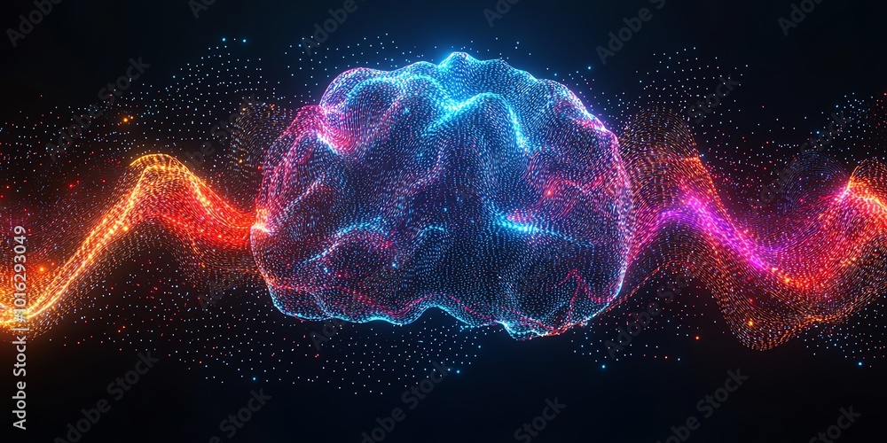 Poster abstract glowing brain with particles and waves.