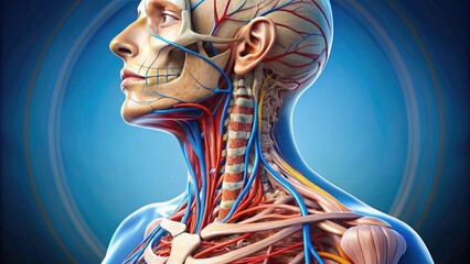 Detailed illustration of human neck anatomy showing cervical vertebrae, atlas and axis, vertebral discs, muscles, and blood vessels in precise anatomical accuracy.