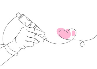 Permanent makeup and tattoo concept logo.Hand with a tattoo machine and a heart Line art Minimal drawing for the design of a certificate,gift card,certificate for courses of permanent make-up. Vector