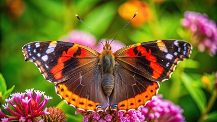 Fototapeta premium High angle view of a butterfly with red colored wings sitting on a flower