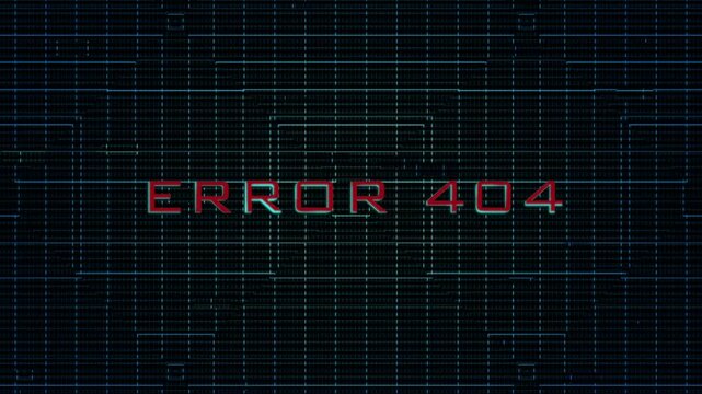 animated error 404 title with digital glitch background, cybersecurity concept