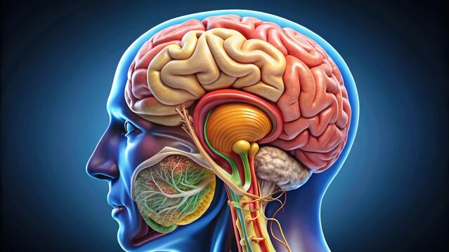 Detailed illustration of the human brain's sagittal anatomy, showcasing cerebral hemispheres, ventricles, corpus callosum, cerebellum, brainstem, and surrounding meninges in a lateral view.