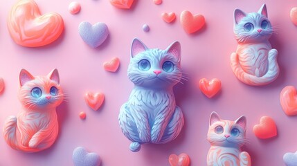 Fototapeta premium Seamless Pattern of Cute Doodle Cats with Swirls and Hearts 3d animation