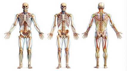 Detailed illustration of the human skeletal system, showcasing intricate bones, joints, and ligaments in a precise, hand-drawn style, isolated on a clean white background.