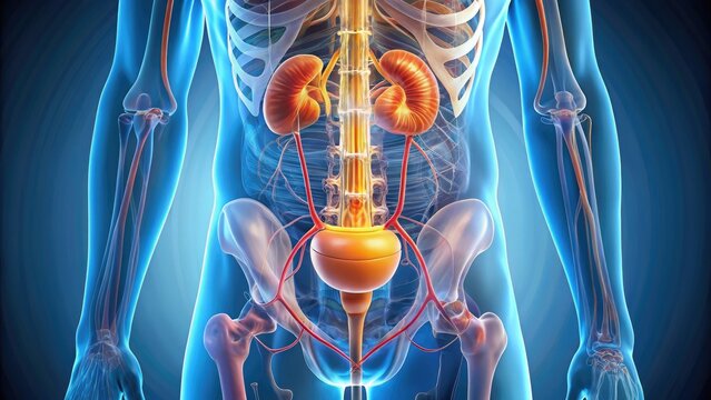 Detailed illustration of the human urinary bladder anatomy, showcasing its structure, layers, and relationships with surrounding organs, including ureters, kidneys, and pelvic bones.