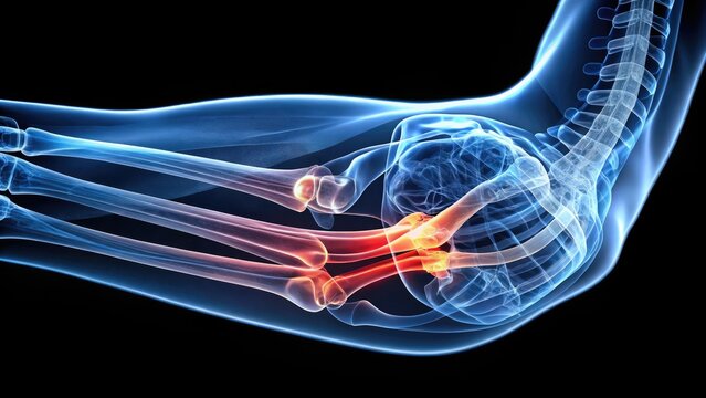 Detailed X-ray image of the elbow joint, showcasing the humerus, radius, and ulna bones, with clear visibility of the joint capsule and surrounding soft tissue.