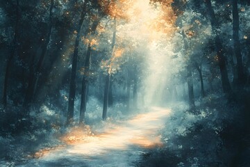 A Serene Forest Path Illuminated by Tranquil Light Symbolizing Hope and Destiny