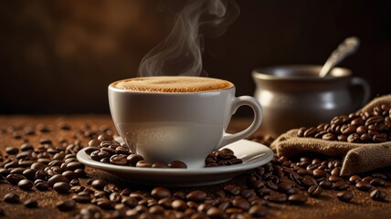Fototapeta premium A steaming cup of coffee on a rustic wooden table surrounded by coffee beans.