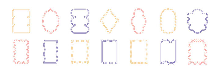 Colorful frames with wavy edges. Scalloped rectangular shapes with squiggly borders. Abstarct line frames. Groovy forms. Vector illustration