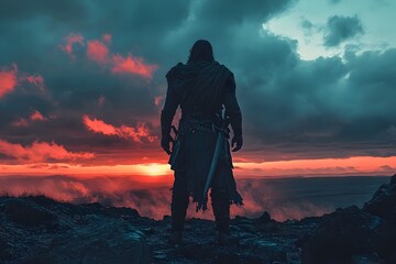 Obraz premium Lone Warrior Stands on Battlefield at Dusk Contemplating Fate After Epic Battle