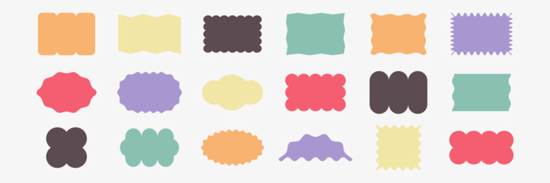 Zigzag and Wavy Geometric Shapes. Colorful Badges with Curve Edge. Decoration elements for Stickers, Posters, Chevron, Labels. Vector illustartion