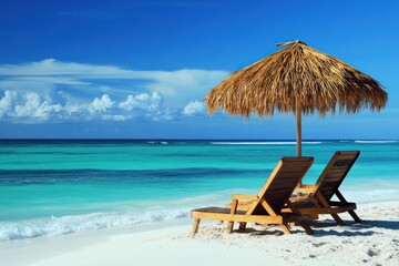 Relaxing Beach Scene with Chairs and Umbrella