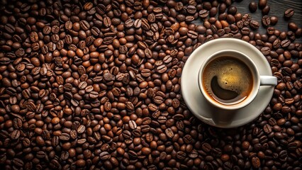 Naklejka premium High angle view of a cup of coffee surrounded by coffee beans on a table