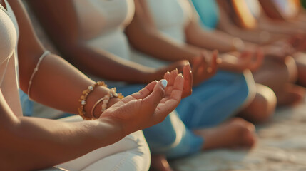 Yoga coach holding hands of women group during holistic healing session. Mindful ladies sitting in circle meditating together doing breathing exercises giving support at body care training. Close up.