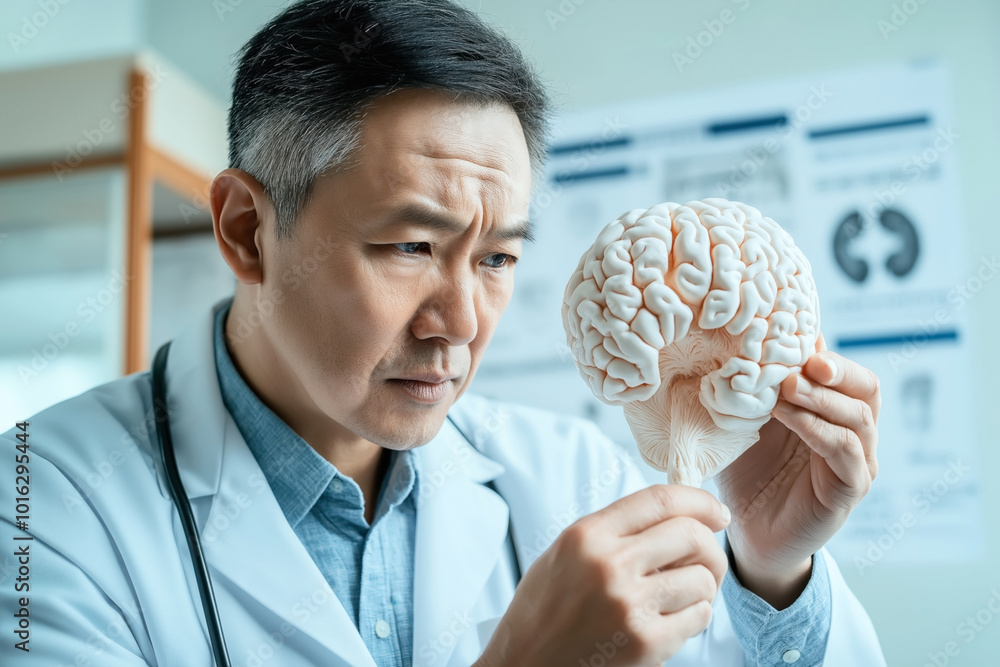 Sticker A male doctor in a white coat closely examining a plastic brain model in a medical office or classroom setting, with medical charts visible in the background.