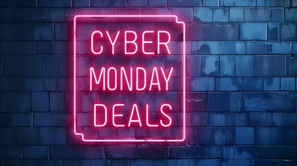 Fototapeta premium Light Pink Neon 'CYBER MONDAY DEALS' Sign on a Brick Wall