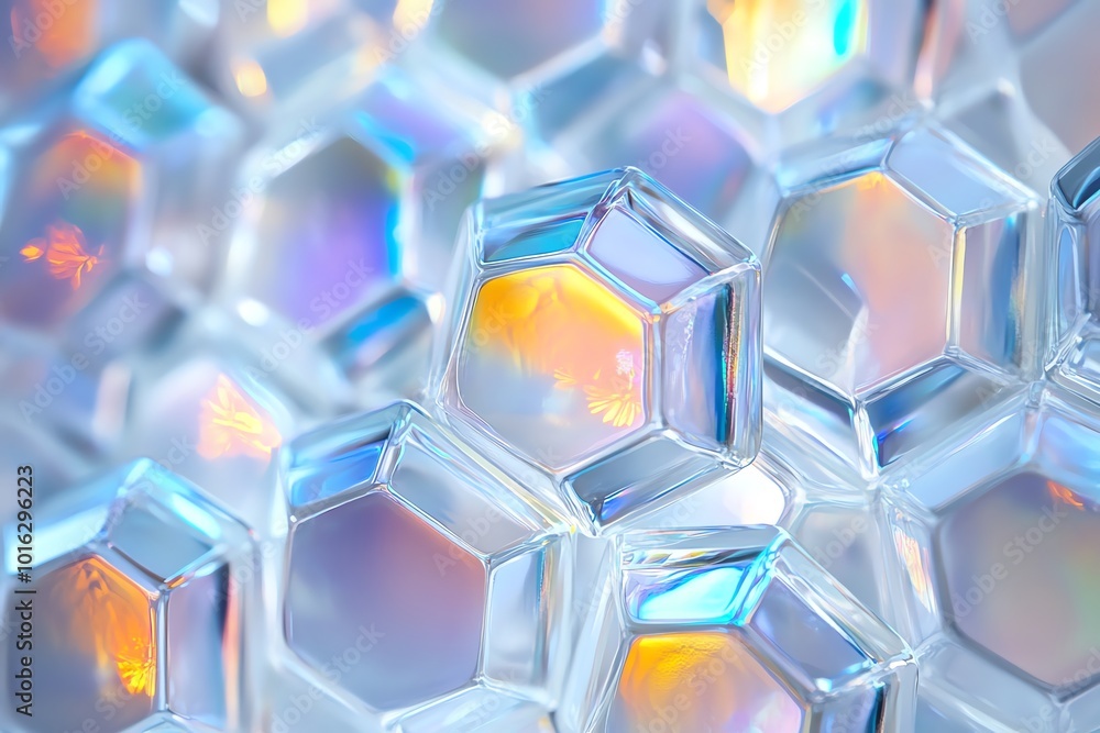 Poster abstract hexagonal pattern with iridescent effect.