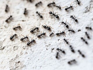 Black Ants: Small Ants Crawling on White Wall with Insect Spots