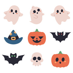 Halloween cute icons vector cartoon set isolated on a white background.