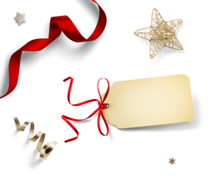 Design elements for Christmas background. Blank banner and holiday decorations, glittering confetti, Christmas golden star and red ribbon. Real soft transparent shadow. Clipping path, PNG