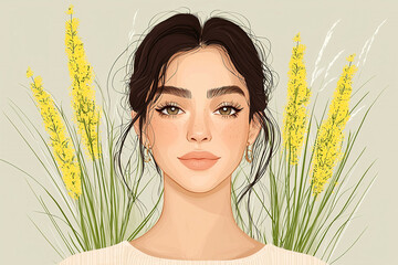 Naklejka premium Beautiful young woman posing with yellow flowers