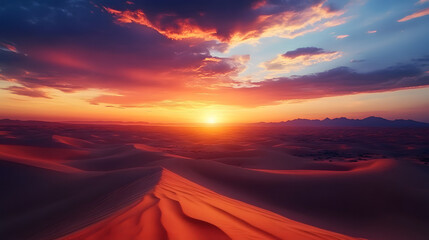 Breathtaking sunset over a vast desert landscape with golden dunes and a colorful sky